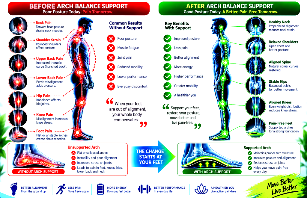 Before and after comparison of poor posture and proper arch balance spinal alignment